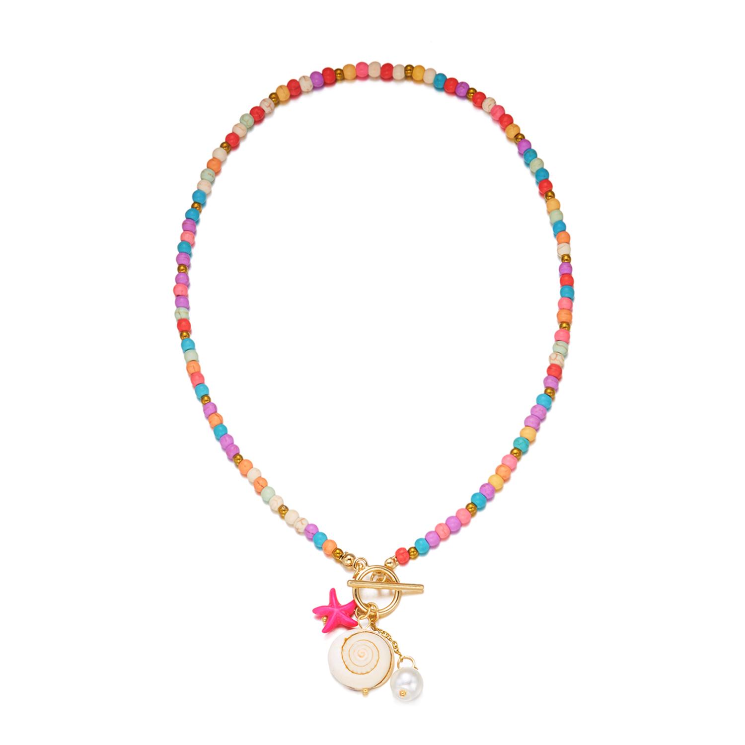 

Boho Ocean Starfish Conch Faux Pearl Turquoise Necklace OT Toggle Summer Beach Jewelry For Women
