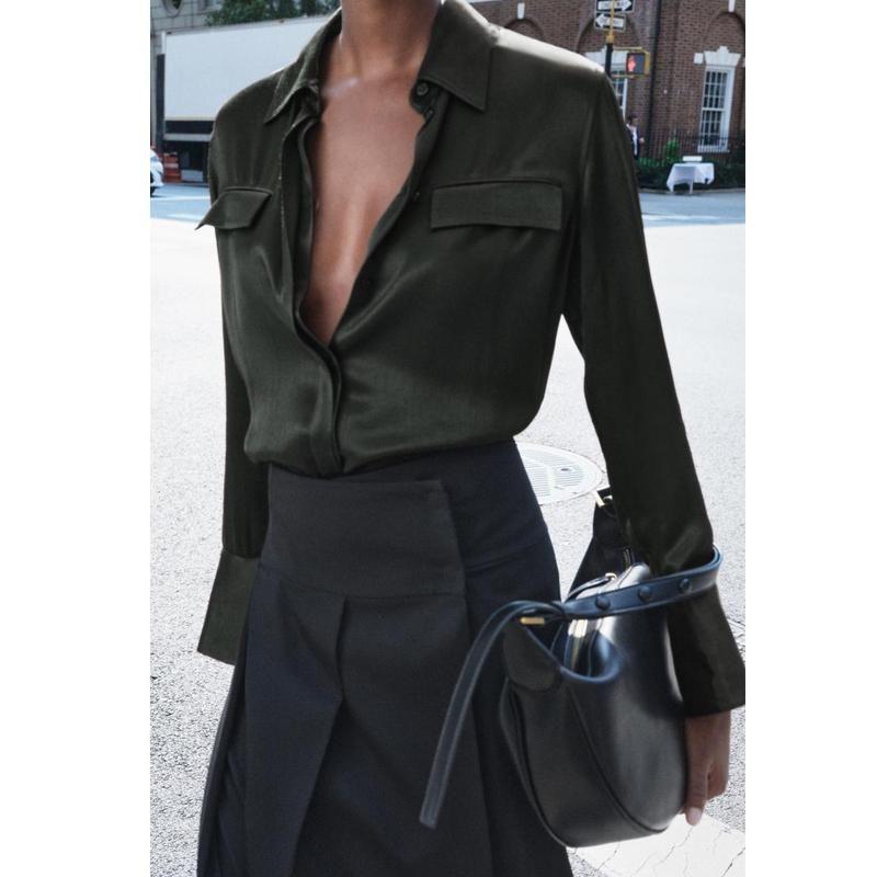 Fall and Winter New Women's Clothing Fashion Style Loose Lapels Pocket Silk Satin Texture Long Sleeves Shirt 8987213