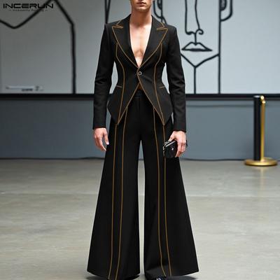 Herren Revers Langarm Nähte Dünner Blazer Lange Hose Zweiteiliger Anzug Lässige Outfits Sets