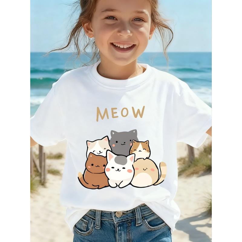 European Size Girls Round Neck Short Sleeved T Shirt with Cartoon Cat Pattern