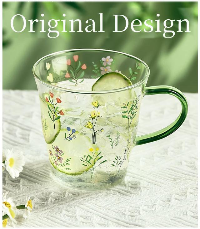 400ml Vintage Floral Glass Mug with Handle, Heat-Resistant Borosilicate Coffee Cup, Korean Style Drinkware for Tea, Latte, Juice