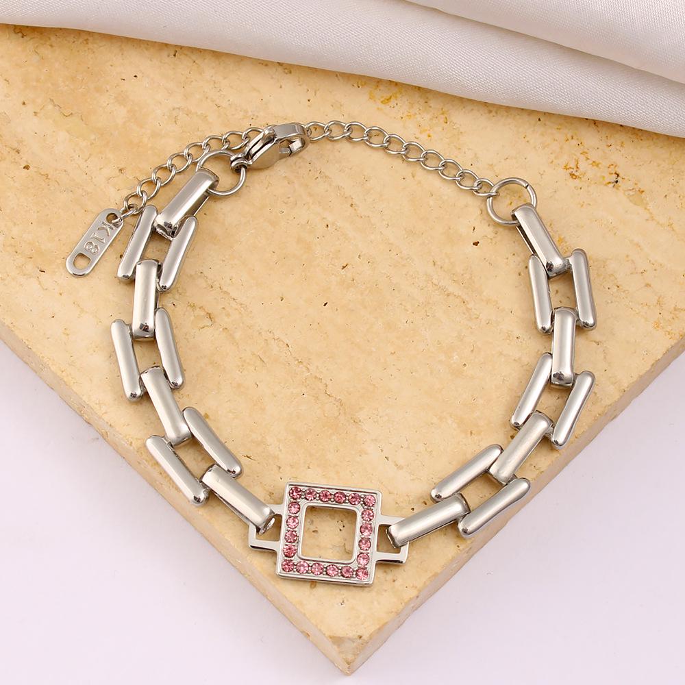 Luxurious Diamond-Embedded Titanium Steel Square Bracelet with 18K Gold Plating