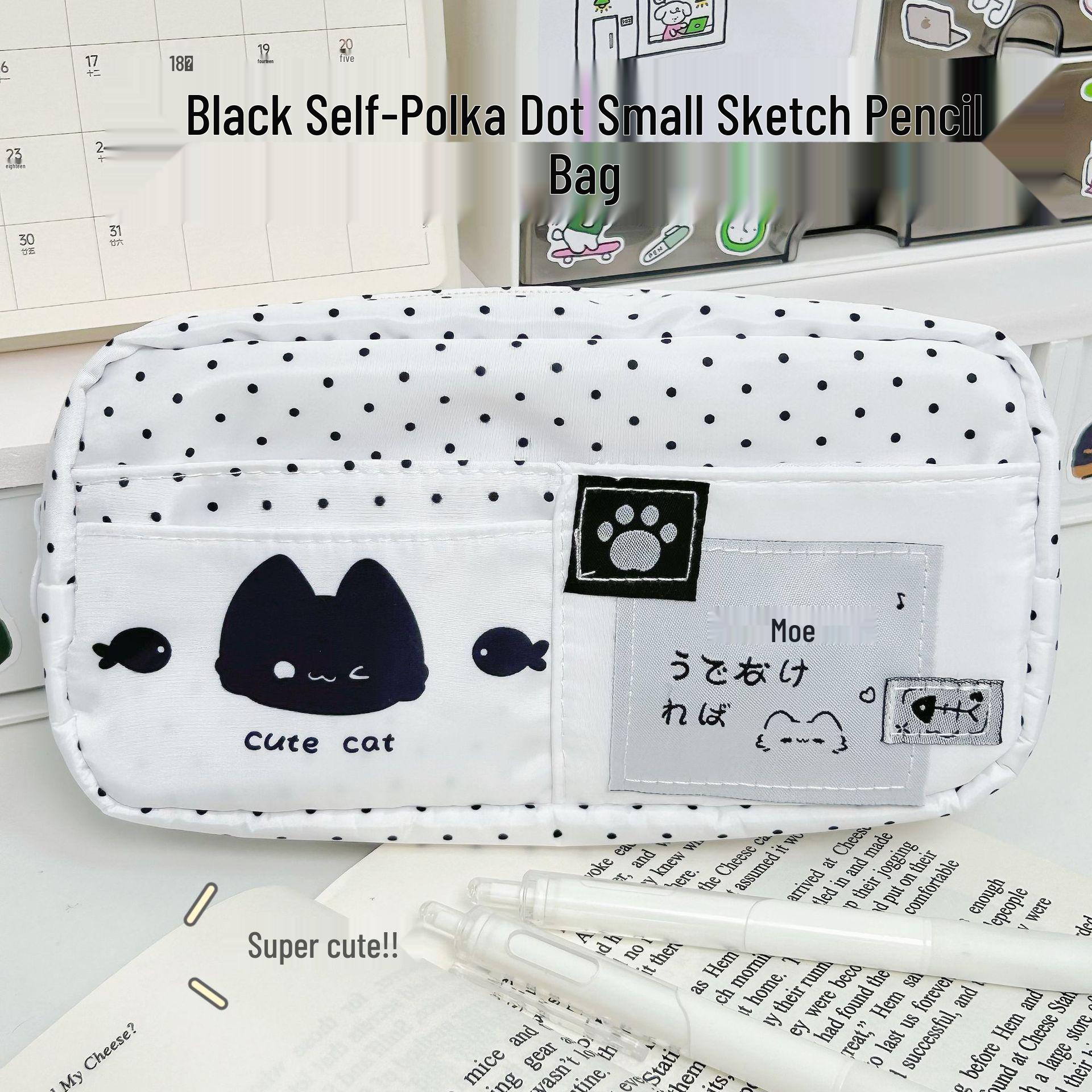Милый многослойный пенал в горошек с кошкой и мятным мультяшным дизайном чёрный