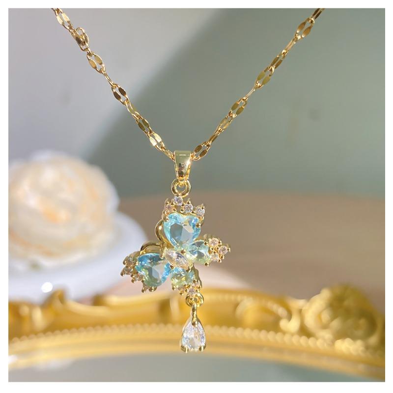 Women S Butterfly Tassel Titanium Steel Necklace Zircon Inlaid Clavicle Chain