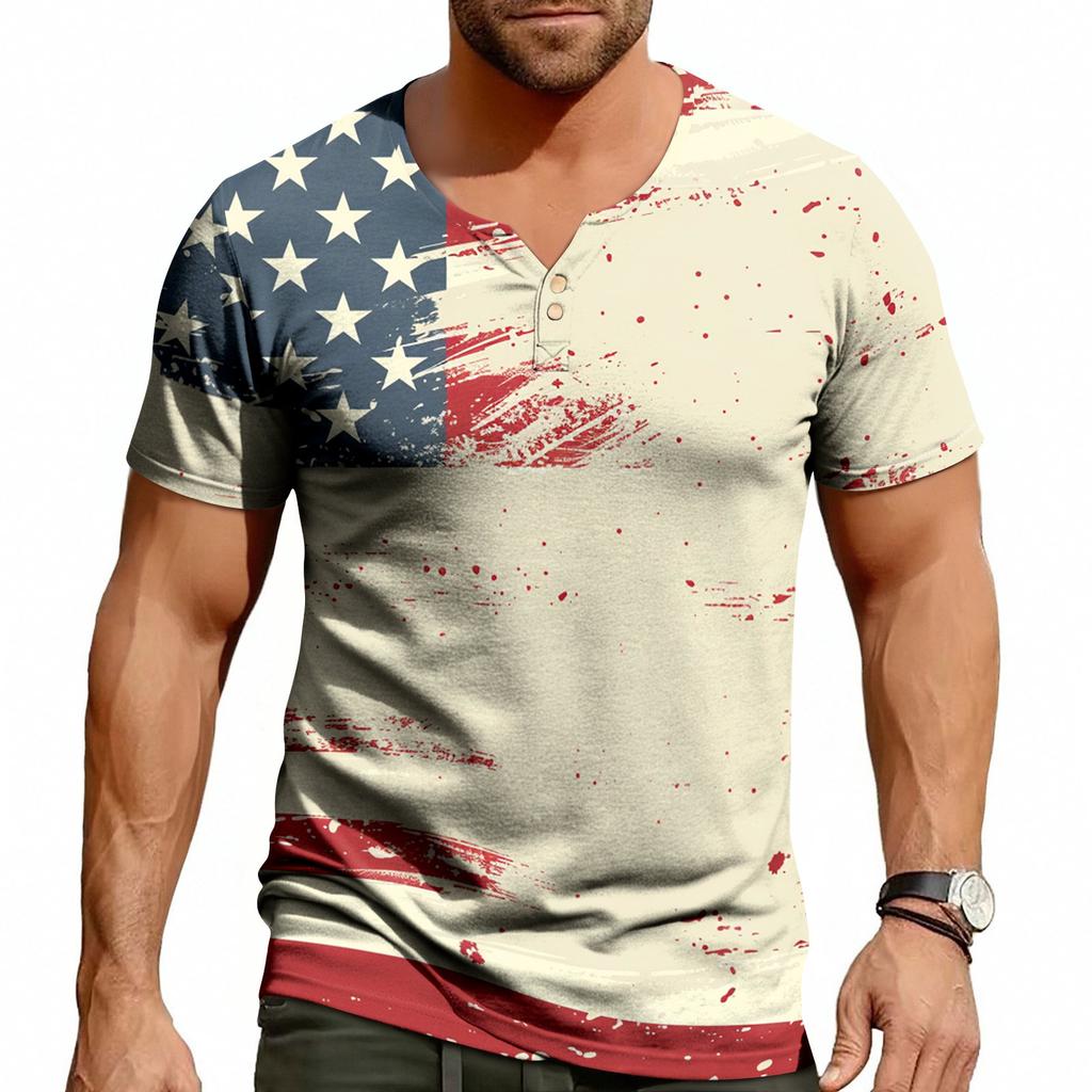 Men's Casual Summer V-neck Short Sleeved Top With Buttons, Independent Day Print Short Sleeved Top