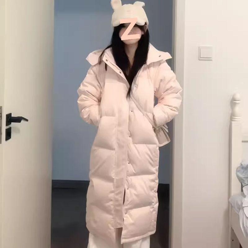 

Pink Long Over-the-Knee Student Coat - 2025 Winter Cotton-Padded Jacket S