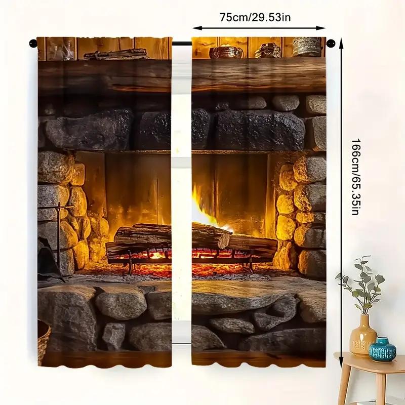 2pcs Cozy Stone Fireplace Printed Curtains, Designed for Light Filtering, Quality Material, Ideal for Winter-Themed Home Window