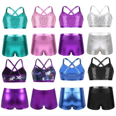 Kinder Mädchen 2-teiliges Gymnastiktrikot mit Pailletten, bauchfreies Top, sportliche Shorts, Ballett, Tanz, Tankini-Sets