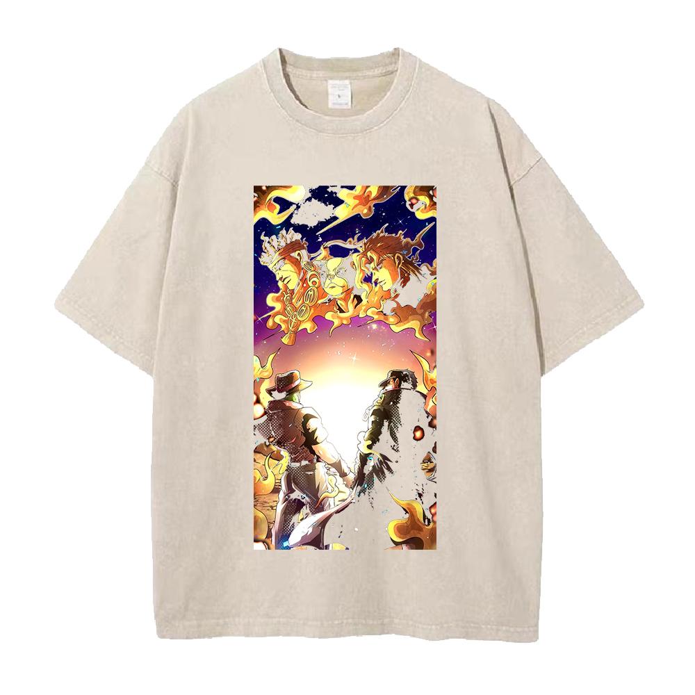 JoJo's Bizarre Adventure Stardust Crusaders Joutarou Joseph Print T-shirt Men Women Cotton Tshirt Retro Washed T Shirt Manga Top