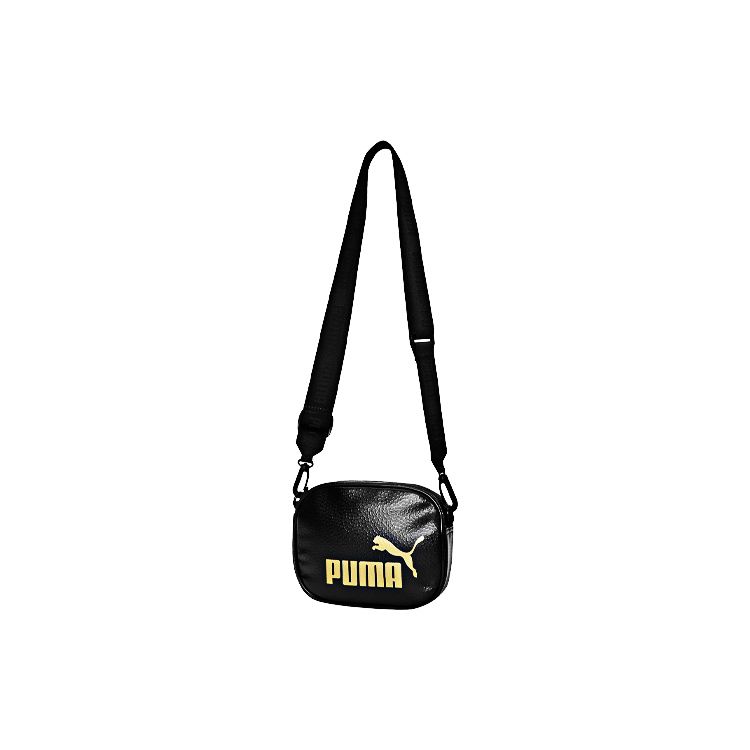 Puma Large Logo Detachable Shoulder Strap Leather Crossbody Bag Unisex bags Black Gold 078306-01 Pure Black Black Gold