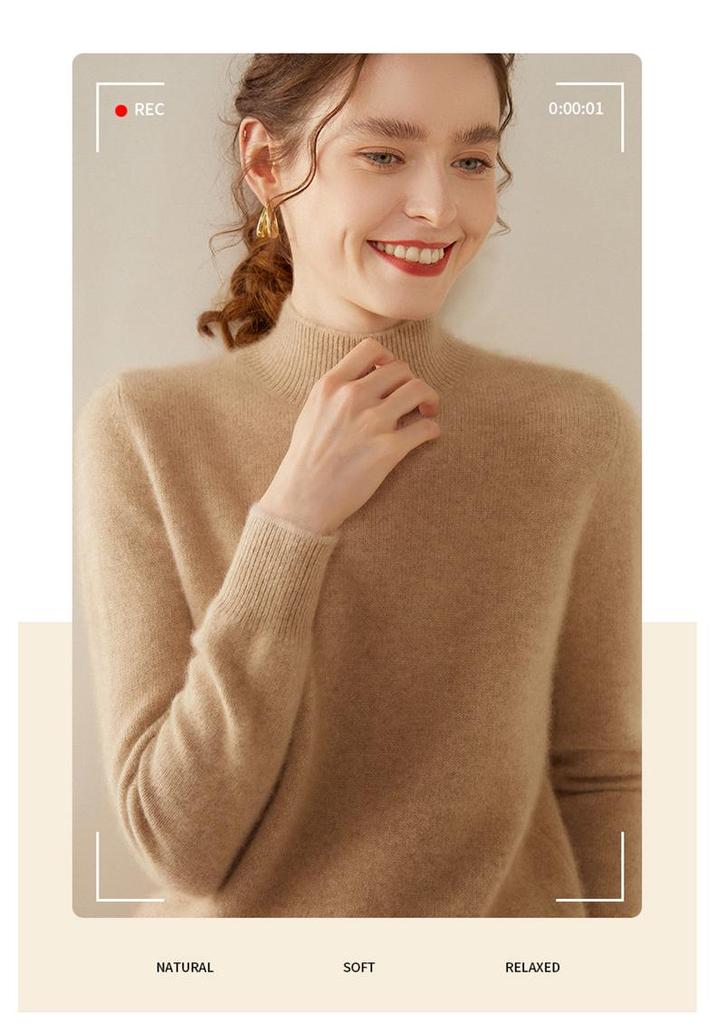 Women's 35% Cashmere Slim-Fit High-Neck Sweater - Elegant, Versatile, Solid Color Knitted Base Layer
