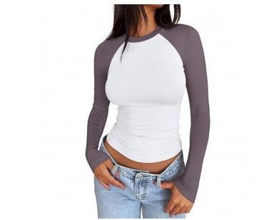 European and American T-shirt women's new sexy yoga hottie contrasting color round neck long-sleeved women's top
