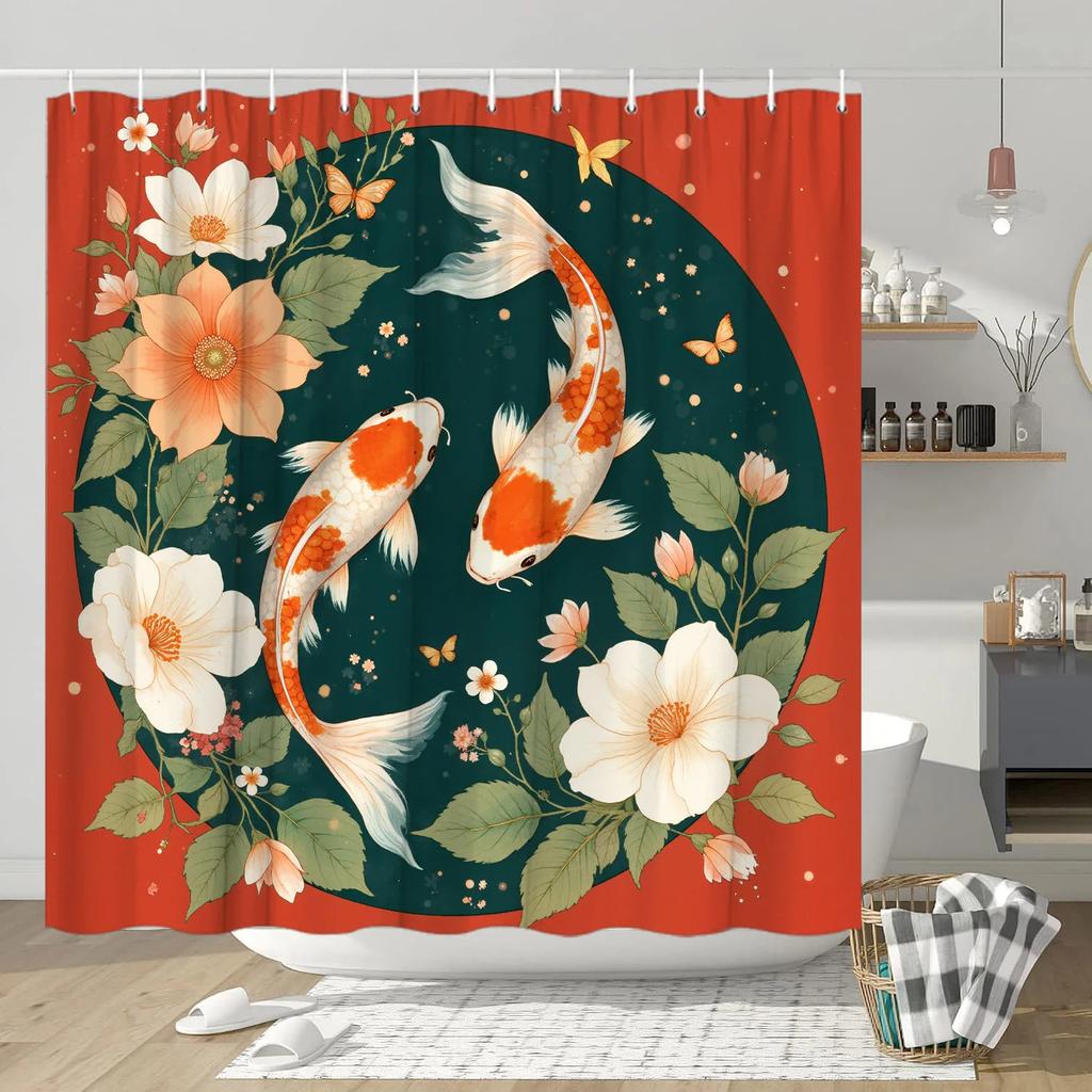 Koi Vis & Bloemen Douchegordijn - Waterverf Ontwerp, Polyester, 12 Haken, 70,8x70,8 Inch, Op de Natuur Geïnspireerd Decor