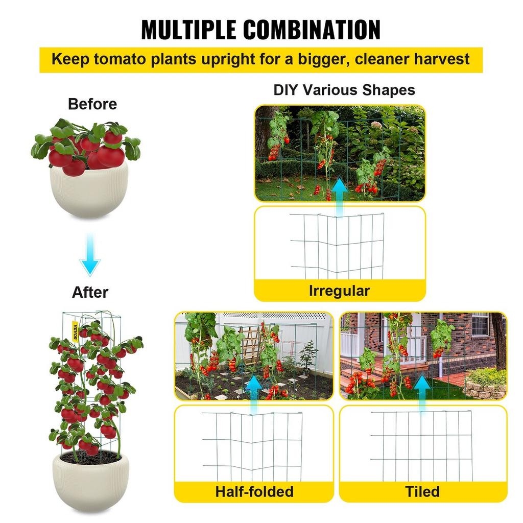 Tomato Cages, 14.6" X 14.6" X 39.4", 6 Packs Square Plant Support Cages, Green PVC-Coated Steel Tomato Towers for Climbing Vegetables, Plants,