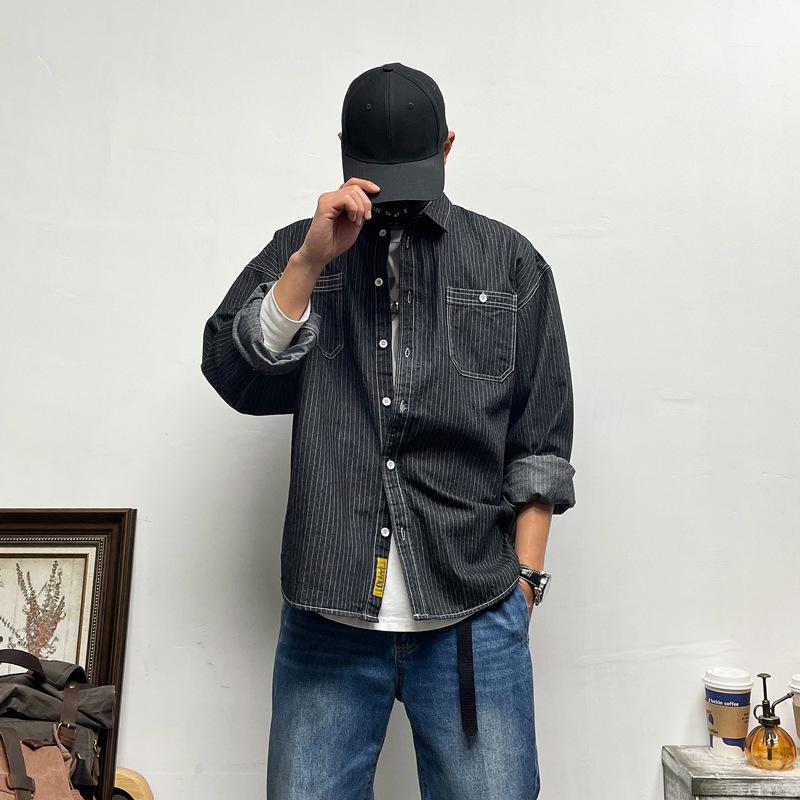 

Мужская рубашка из ретро-денима в полоску с длинным рукавом - Повседневная свободная со спущенным плечом, Плоткая верхняя одежда, Большой размер для весны и осени. L чёрный