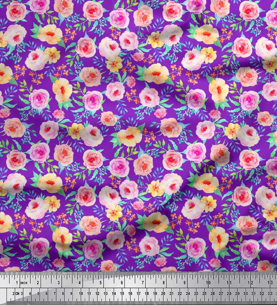 

Японська креп-атласна тканина Soimoi листя та камелії, акварельний друк, метр 42 дюйма 42 Inch Wide - Poly Crepe Фіолетовий