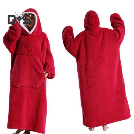 Winter Wearable Blanket Bathrobe with Big Pocket Thick Double-sided Fleece Loose Long Sleeves Pajamas Heat Retention Full Protection Home Lazy Sleeve