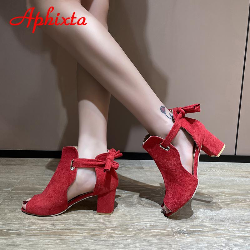 Aphixta Summer Peep Toe Cool Women Boots Sandals Lace-up Square Heels Narrow Band Rosette Shoes Plus Size 43