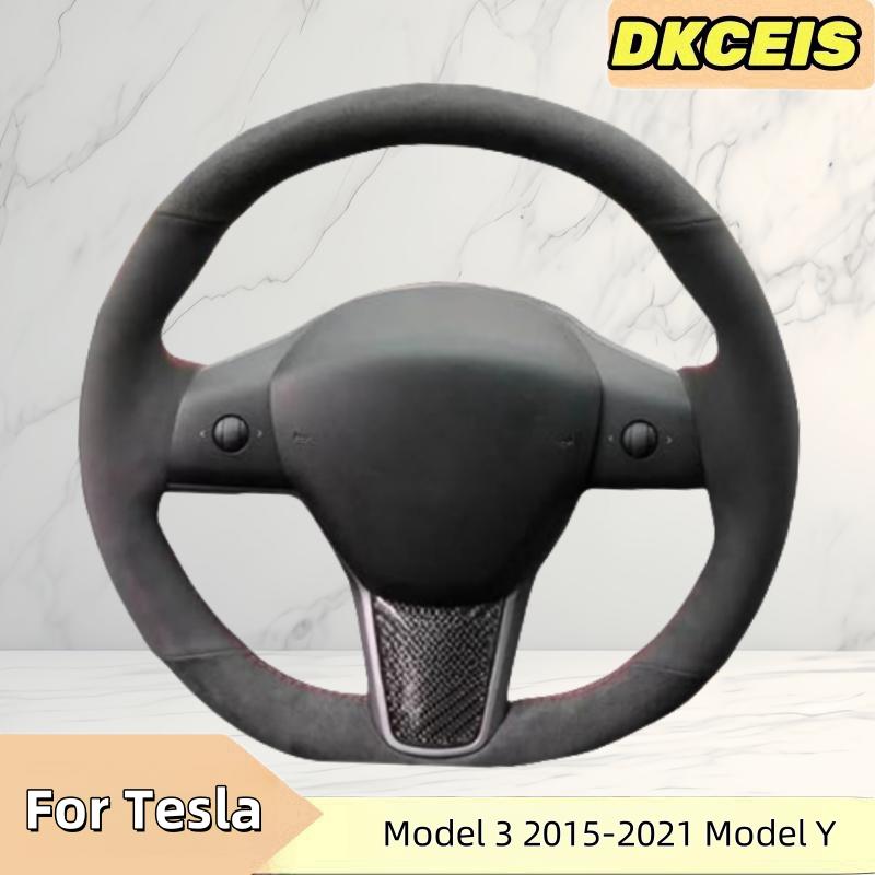 DIY Car Steering Wheel Cover Suede Leather For Tesla Model 3 2015- Model Y - Steering Wheel Braiding Cover Black Thread
