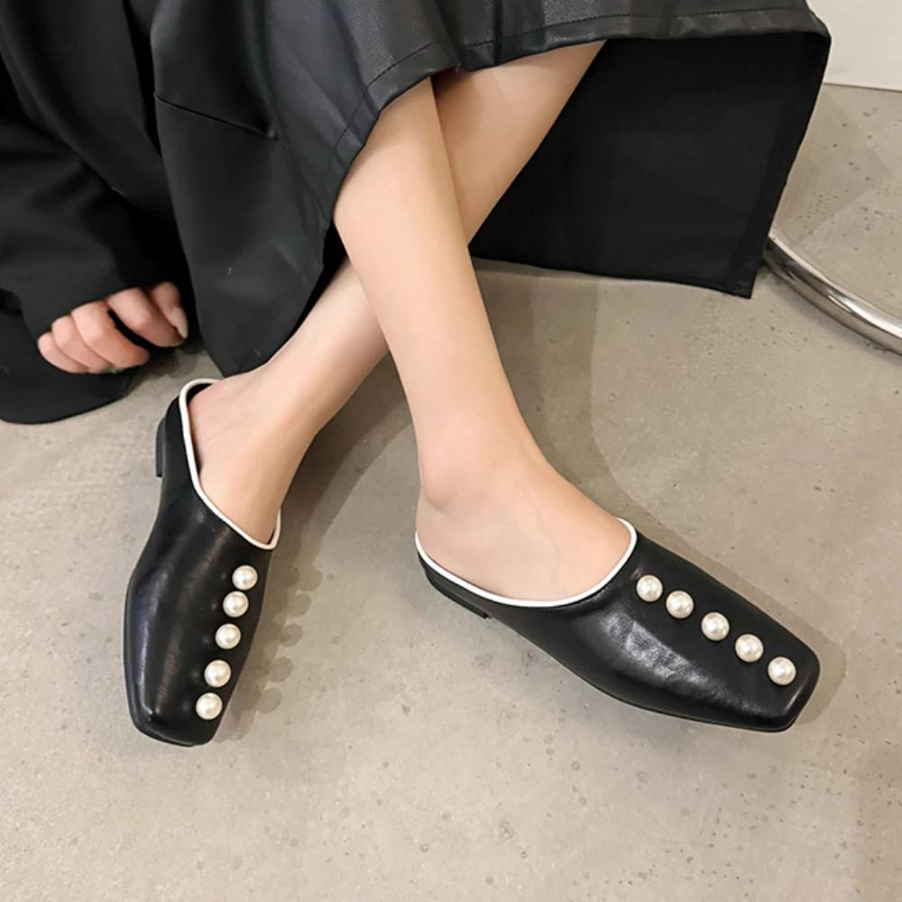 Fashion String Bead Women Half Slippers Summer Half Shoes for Women Luxury Designer Slippers Beach Flat Sandals Zapatos De Mujer