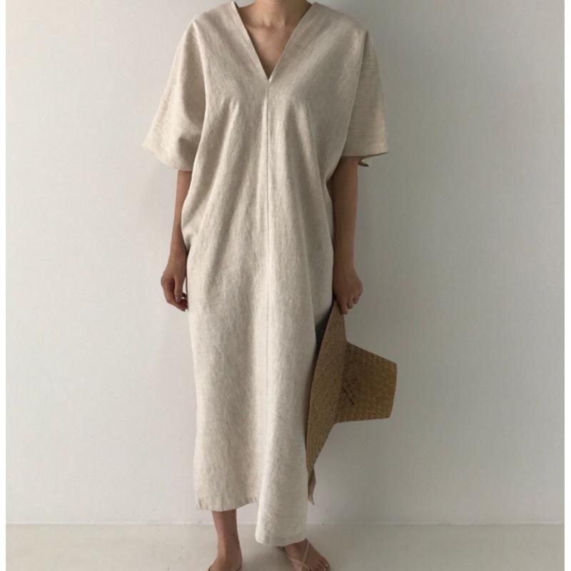 Minimalistické Retro Dlouhé Volné Ležérní Šaty s Dlouhým Krátkým Rukávem