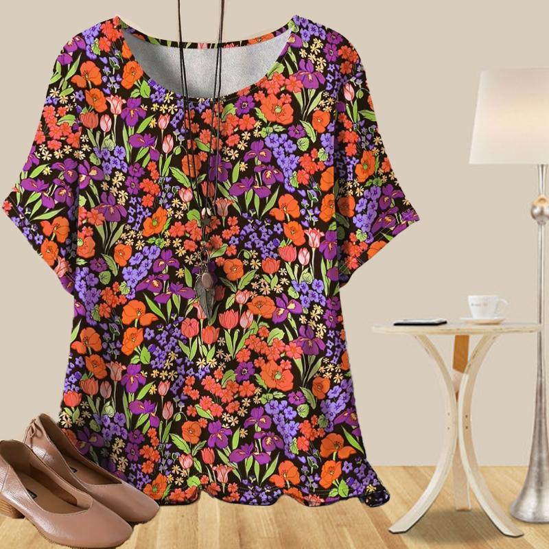Women's Casual Loose Spring Shirt Women's Short Sleeve Lily and Trumpet Flowers Printed Tops