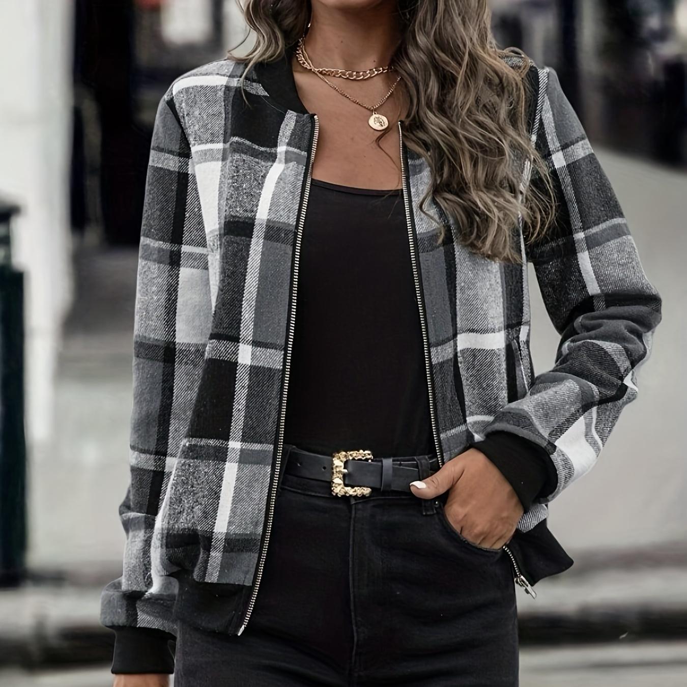 

Куртка-бомбер с клетчатым принтом, повседневная верхняя одежда с длинным рукавом на молнии, женская одежда L темно-серого