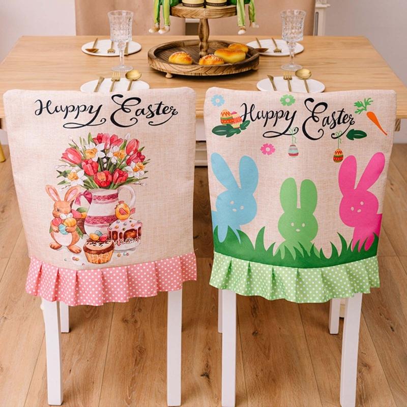 B0KB 4Pcs Easter Chair Cover Dining Table Gnome Rabbit Printed Chair Back Covers Easter Decorations for Home Chair Cover