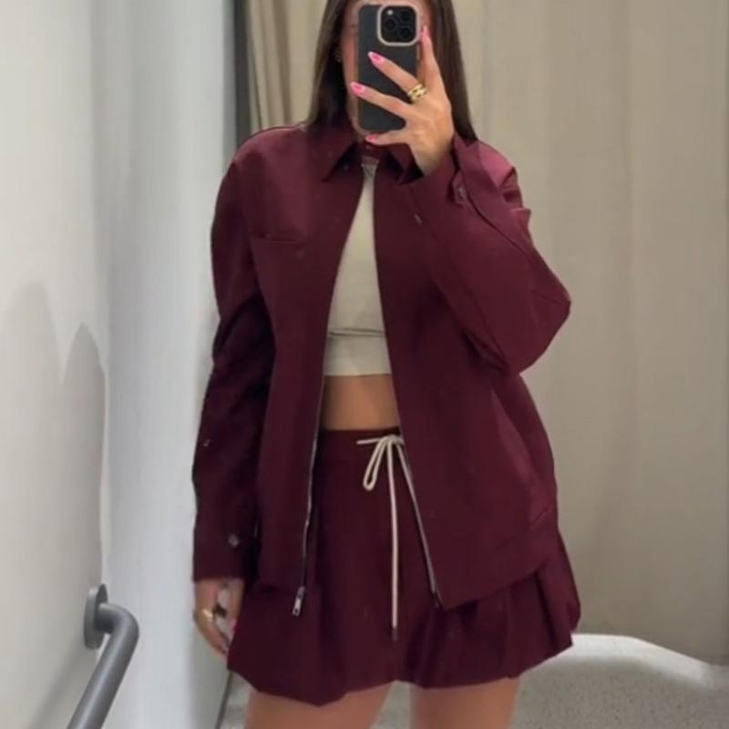 

Женские модные костюмы, винно-красные куртки с отложным воротником, длинными рукавами, застежкой-молнией и карманами на высокой талии, юбкой на шнуровке, женские комплекты S вино красного