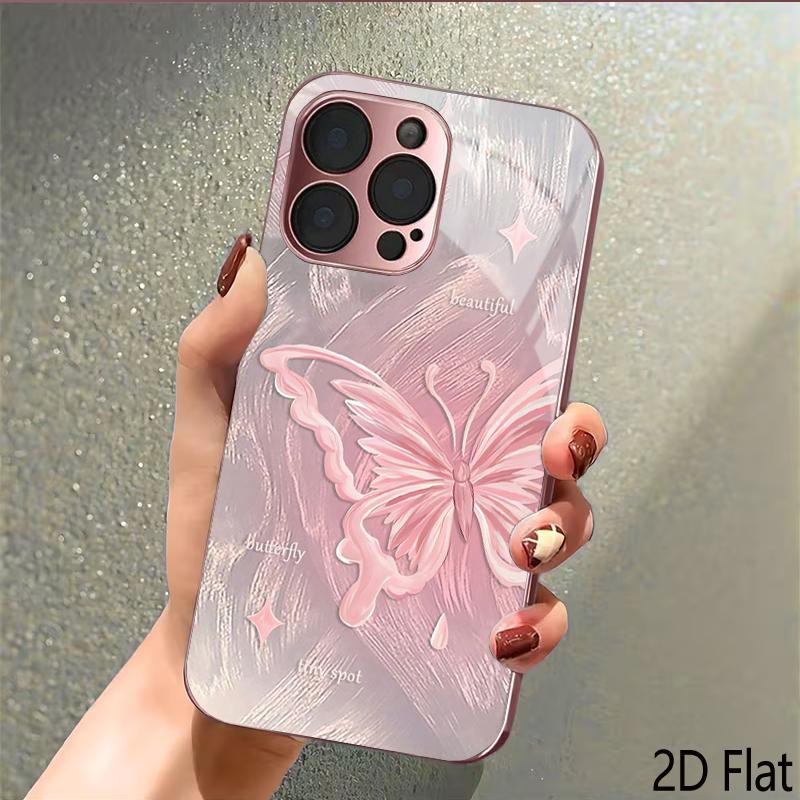 Pink Butterfly 2DFlat For iPhone17 18 16 15 14 13 12 11 Pro Max XS XR 8 7Plus Phone Cover Shockproof Protective Back Cover