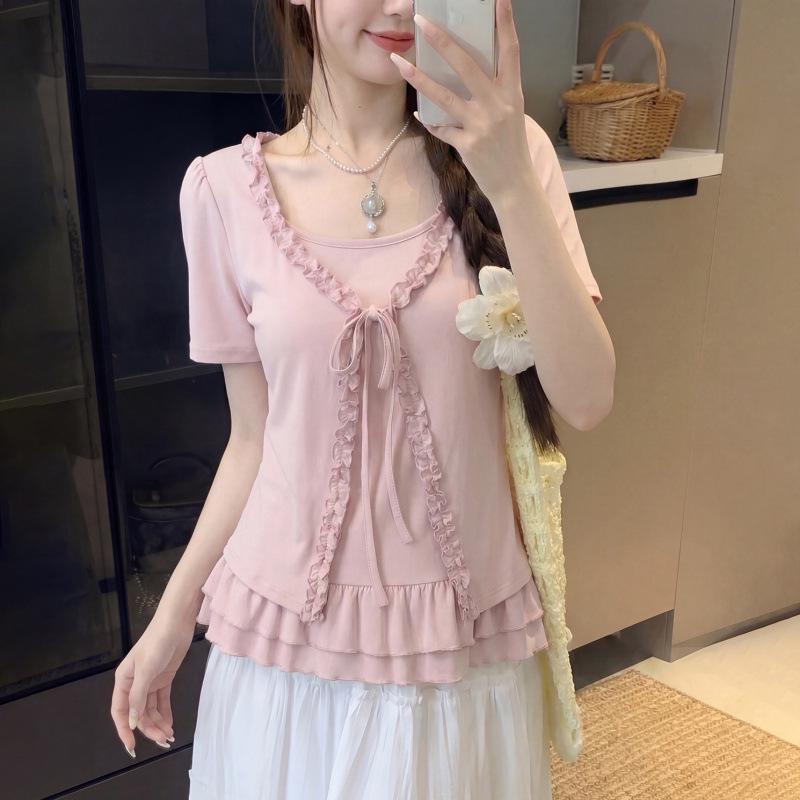 

Women s Plus Size Ruffle Trim Two-Piece Look Short-Sleeve T-Shirt - Slimming and Flaw-Covering for Summer 2026 2XL розовый