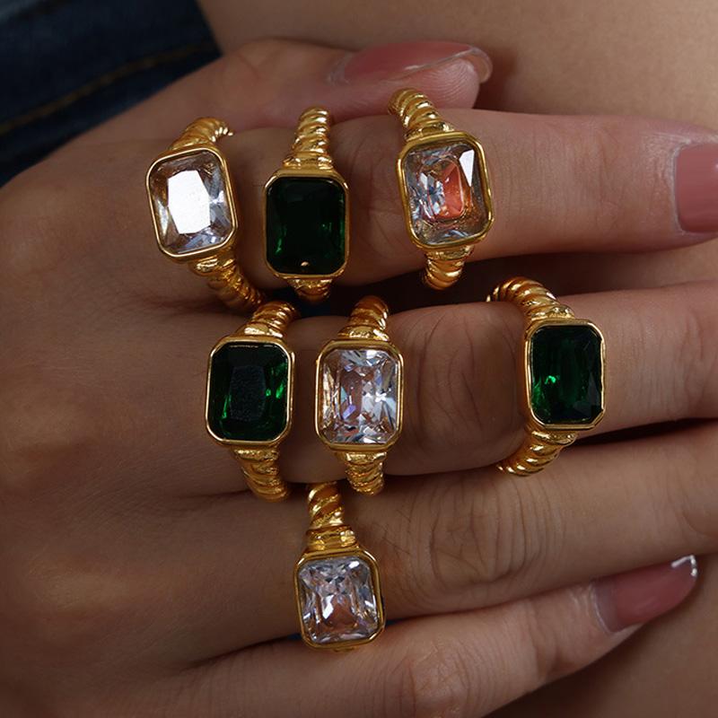 18K Gold Plated Square Multi-color Crystal Chunky Rings Stainless Steel Hypoallergenic Texture CZ Zircon Knuckle Ring Anillos