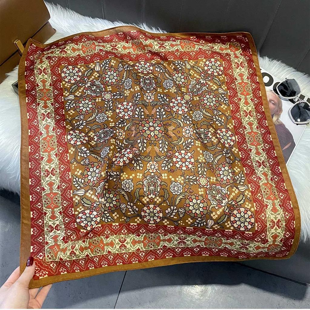 Retro Oil Painting Print Head Scarf for Women Wraps Cotton Feel Hijab Warm Spring Autumn Soft Square Foulard Bandana Neckerchief