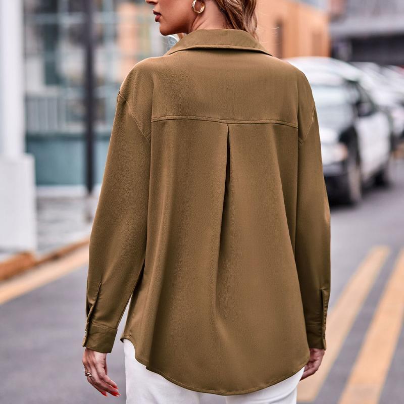 Damen Langarmhemd mit zwei Taschen Übergröße Einfarbig Lässig zum Knöpfen Bluse