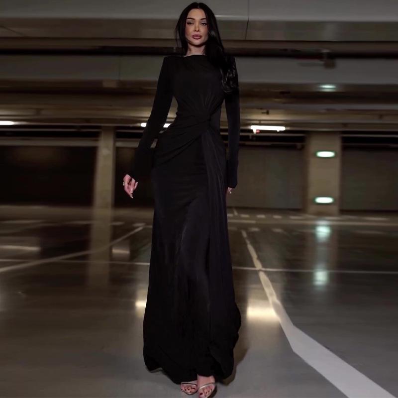 Nuovo Abito Sexy alla Moda Monocolore Slim Fit con Vita Plissettata e Scollo Rotondo