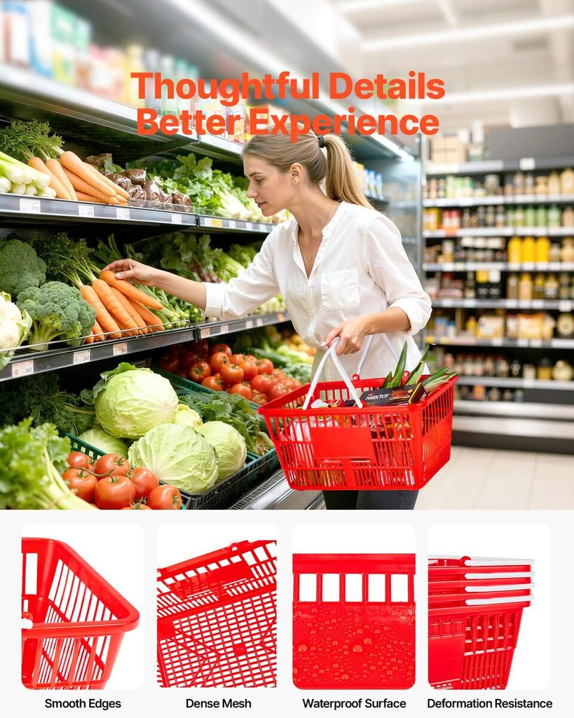 Shopping Baskets, 4 PCS, 21L Stackable PE Plastic Grocery Baskets with Handles, Dense Mesh Structure, Holds up to 9.07kg, Portable for Grocery,
