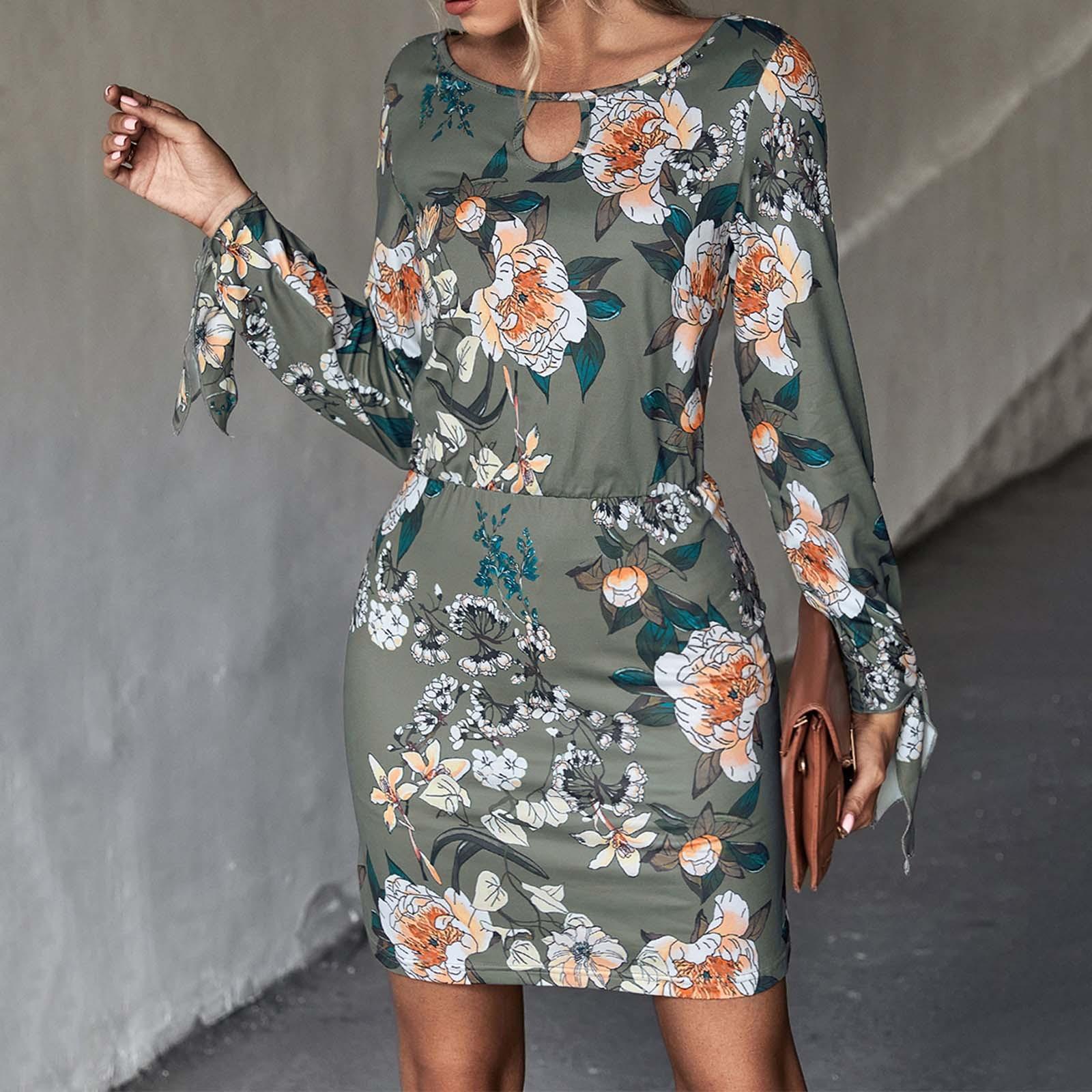 

Женская мода повседневное темпераментное кружевное платье с длинным рукавом и принтом XL зелёный