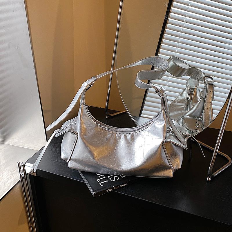 Spice Girl Bow Double Pocket Underarm Bag Glossy Oil Wax Leather Trend Locomotive Bag Shoulder Bag