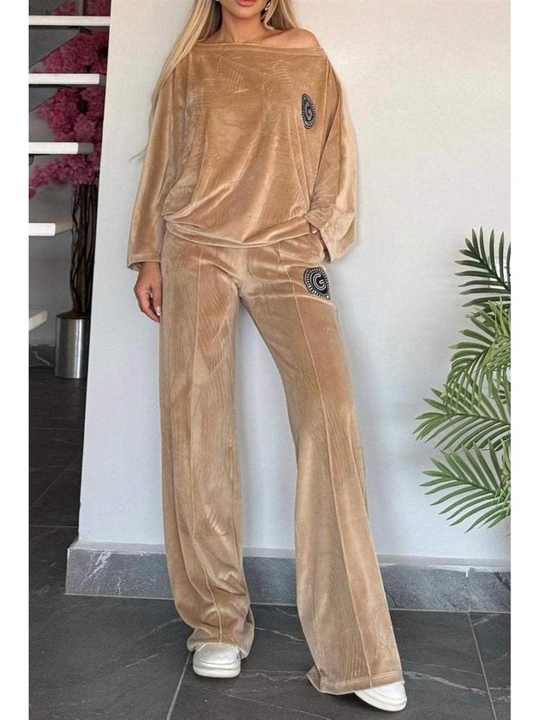 European & American Women's Gold Velvet Batwing Sleeve Top and Wide-Leg Pants Set for Autumn/Winter 2025