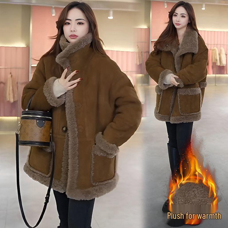 Autumn/Winter 2025 Women's Mid-Length Fleece-Lined Lambswool Reversible Fur Coat