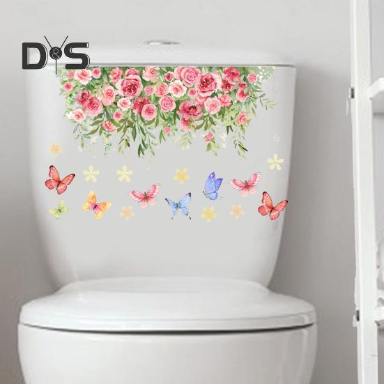 Colorful Flower Butterfly Toilet Sticker Removable Self-adhesive Waterproof PVC Living Room Bathroom Wall Art Floral Toilet Lid Decoration Decal