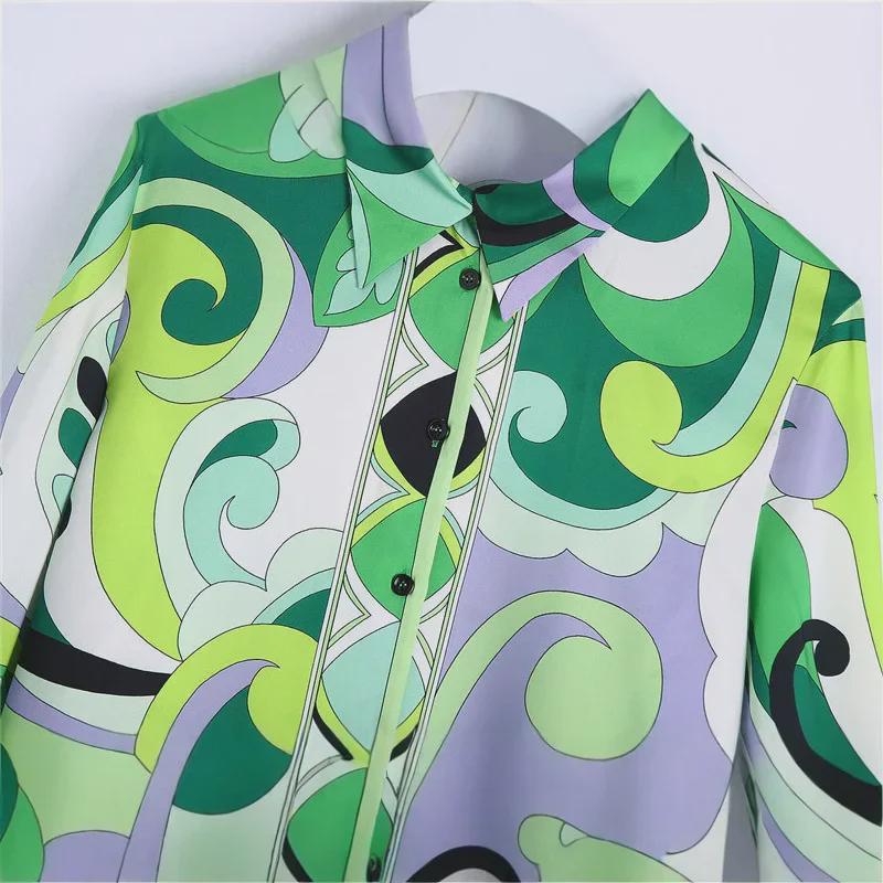 Spring 2022 European & American Style Women's Green Print Shirt & Skirt Set