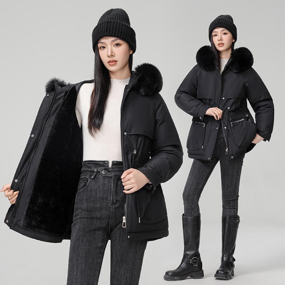 Medium and long female and small, new winter thin temperament piled and thickened padded jacket