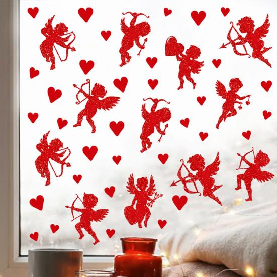 50 Stück Glitzer Amor-Form Ausgeschnittene Fensteraufkleber Valentinstag Rotes Herz Amor Fensteraufkleber für Hochzeit Feiertag Party Dekor