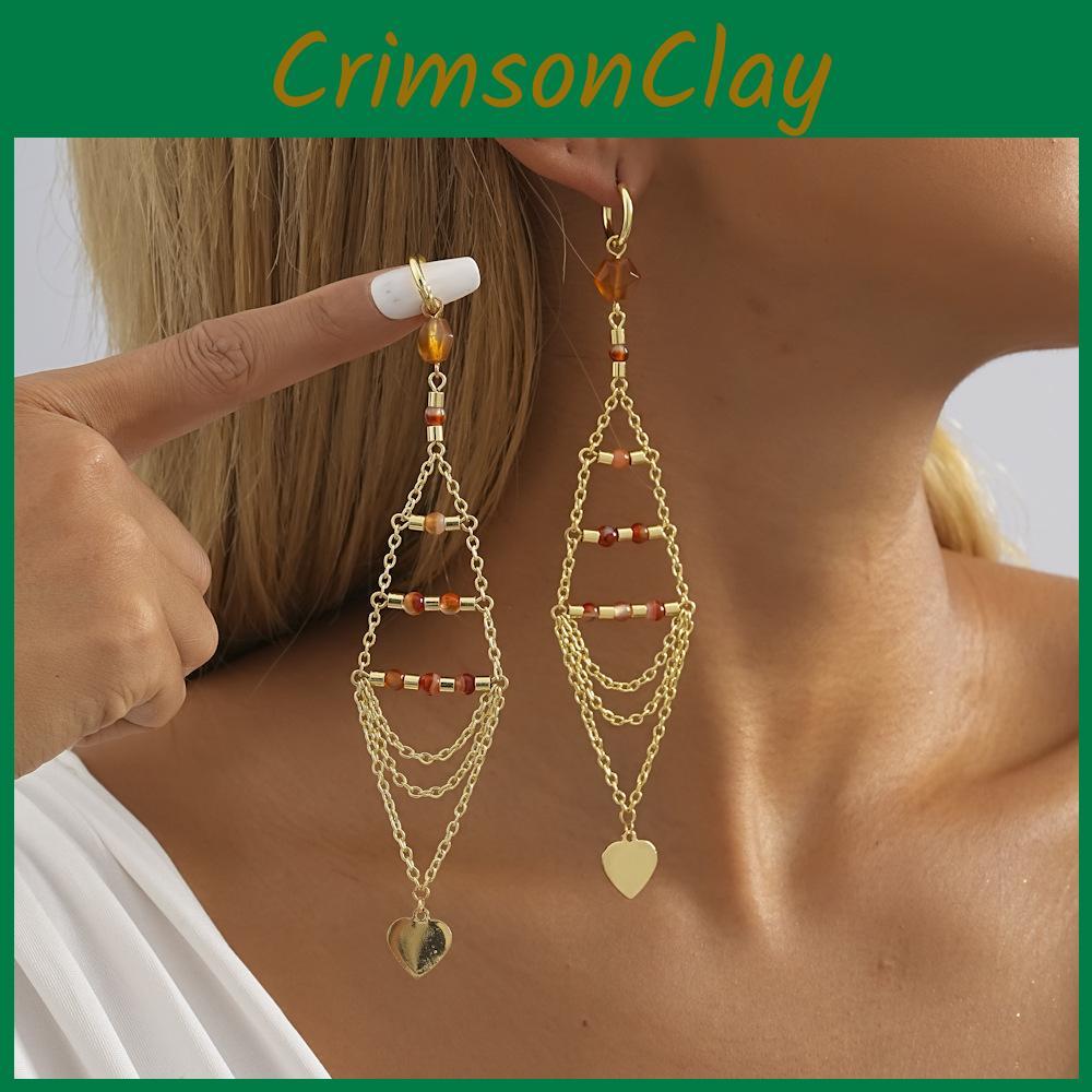 Glamorous 2023 Gold Plated Triangle Crystal Heart Tassel Earrings For Women