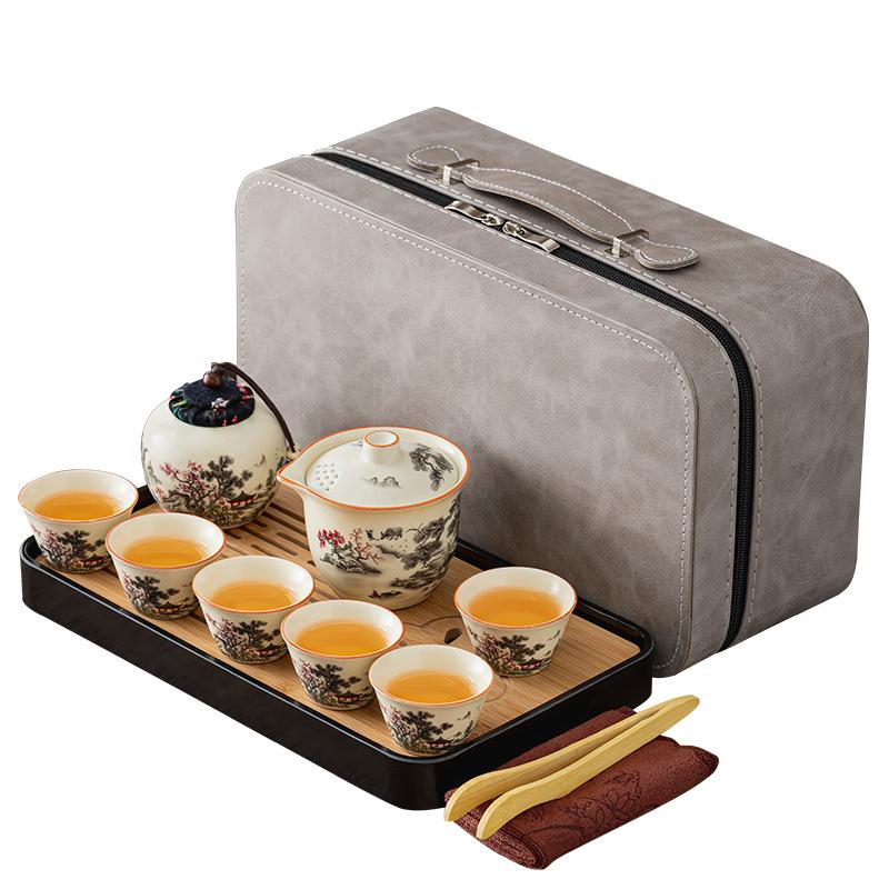 National style retro high-end Ru kiln black pine plum blossom hand-held pot tea set new Chinese kung fu tea business printing commemoration