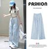 Women's Blue Plaid High-Waisted Wide-Leg Pants - Spring/Summer 2025 Collection