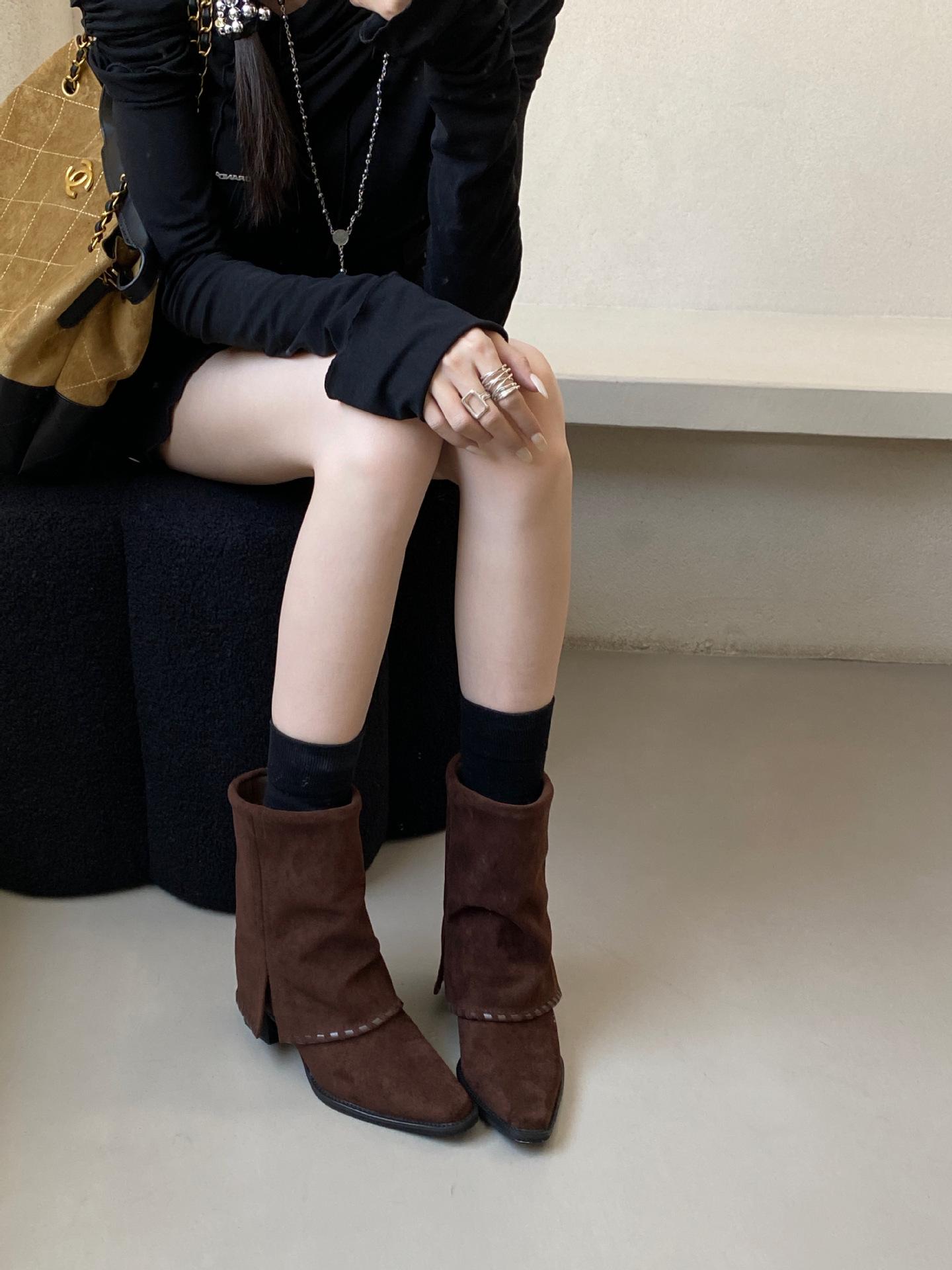 

New spot new pointed high-heeled short boots women s 2025 leather heightened trousers boots women s thick-heeled Spice Girls autumn and winter 40 коричневый