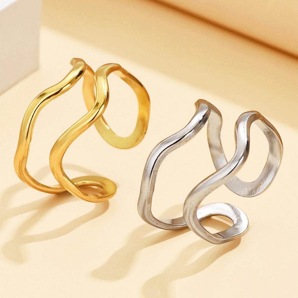 Stainless Steel Geometric Open Ring with Irregular Thick Line