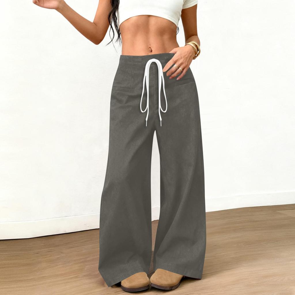 Womens Suede Wide Leg Pants Elastic Waist Loose Fit Trousers Drawstring Waistband with Pockets Casual Style Long Pants